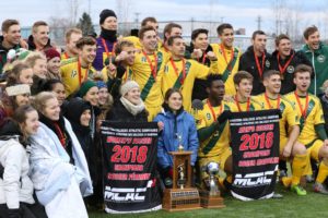 CMU Blazers mens and womens soccer teams with their MCAC trophies